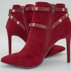 Red Faux Fur booties with gold pyramid beads